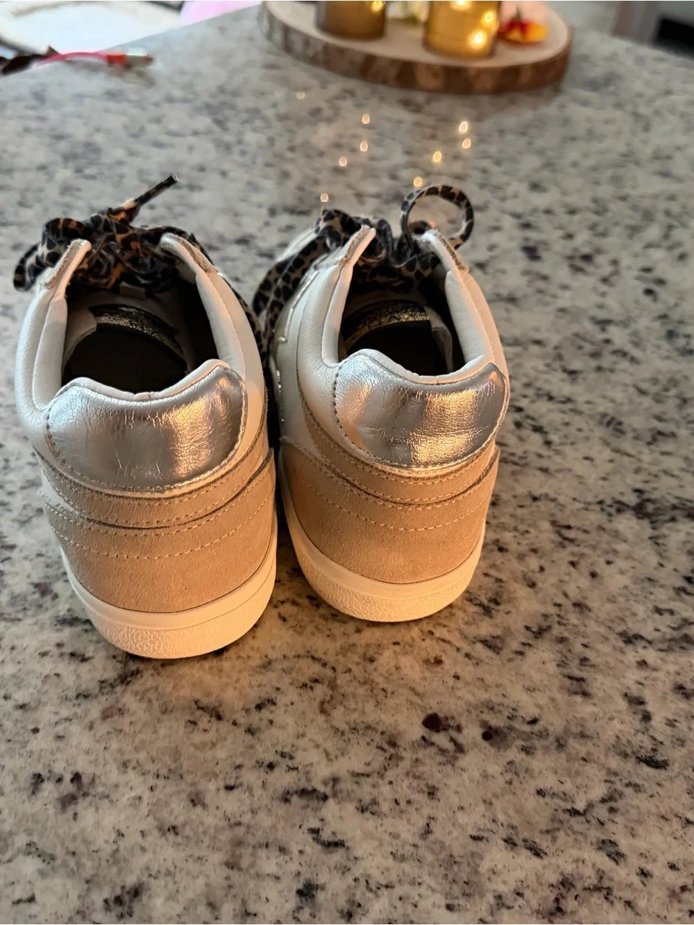 White & Beige Low-Top Sneakers with Metallic Star and Leopard Laces